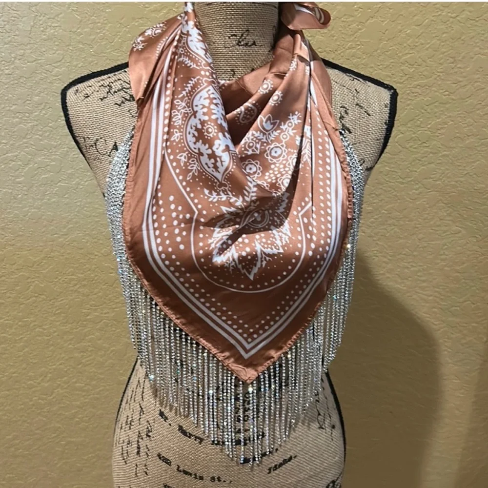 Western, satin, rhinestone fringe scarf, camel color, NWT | offer in description